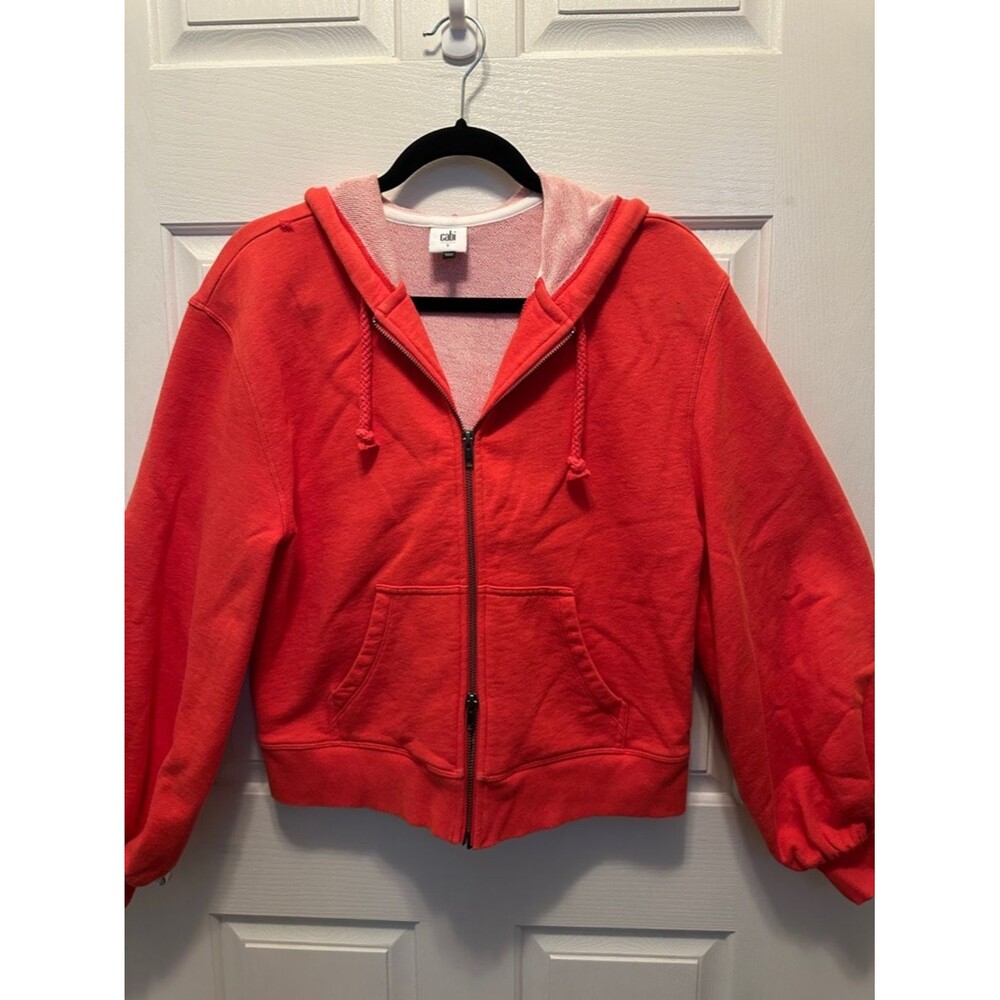 CAbi Orange Coral Double Zip Front Hooded Sweatshirt Balloon Sleeves Small